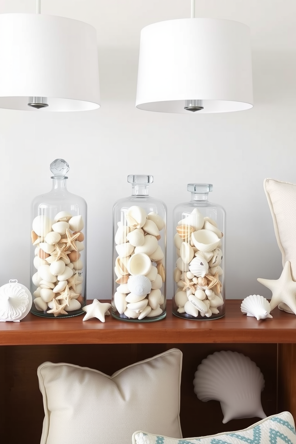 Display an assortment of seashells in elegant glass jars placed on a wooden shelf. The jars vary in size and shape, showcasing the natural beauty of the seashells while adding a coastal charm to the summer apartment decor. Incorporate light, airy fabrics for curtains and throw pillows to enhance the breezy atmosphere. Choose a color palette inspired by the beach, featuring soft blues, sandy beiges, and crisp whites to create a refreshing living space.