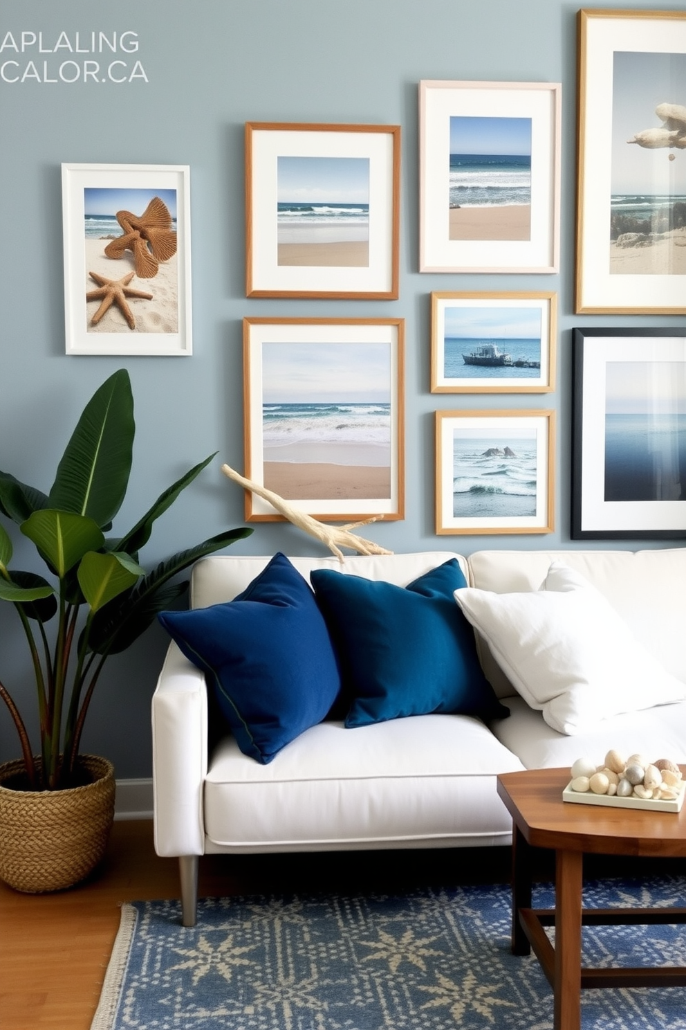 Create a beach-themed gallery wall featuring a collection of framed coastal art prints. Incorporate various shades of blue and sandy beige to evoke a serene ocean vibe. Add textured elements such as driftwood and seashells to enhance the beach aesthetic. Arrange the frames in a casual yet curated manner to create an inviting focal point in your summer apartment.