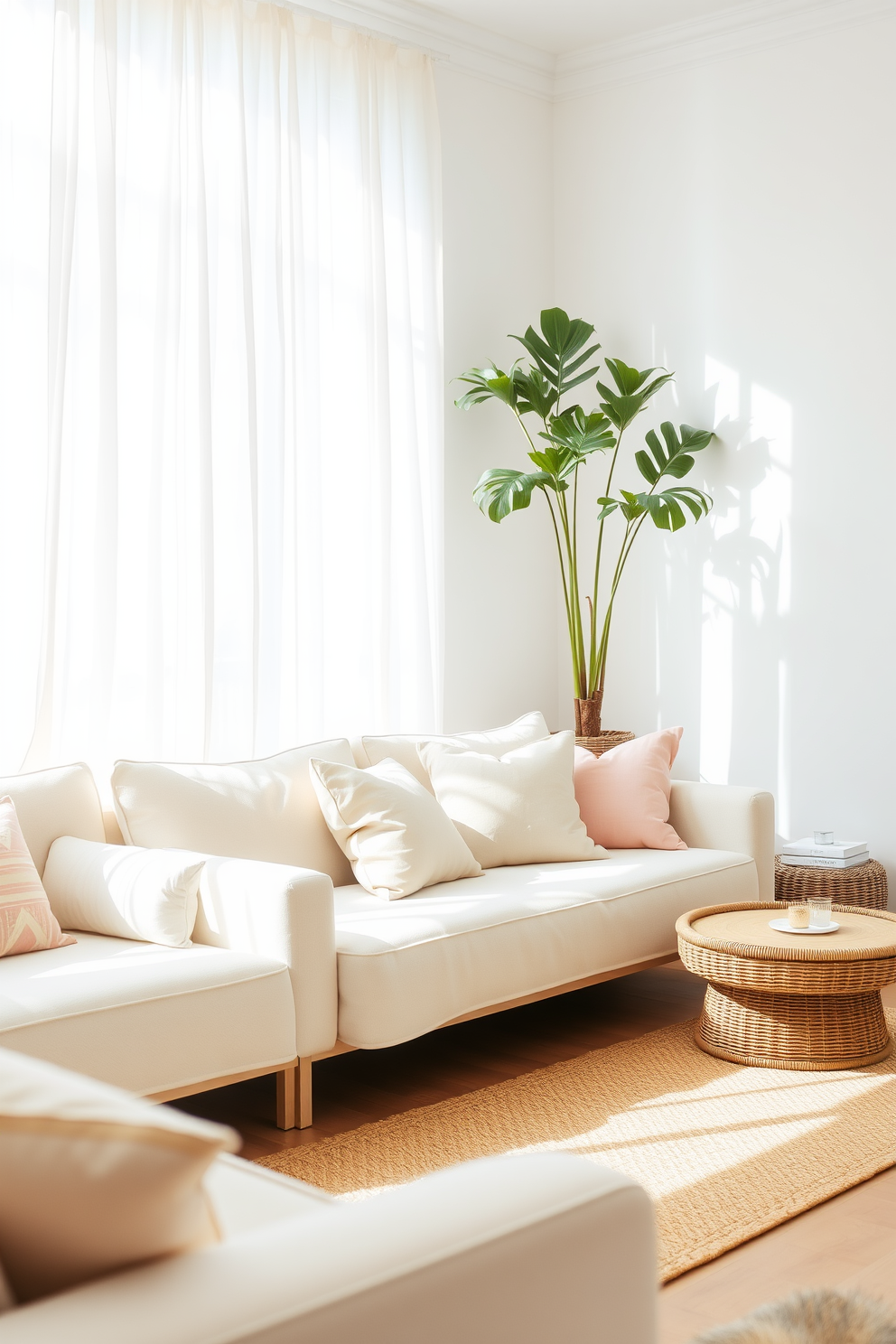 A bright and airy summer apartment setting. The living room features a light linen sofa adorned with pastel throw pillows and a woven coffee table. In the corner, a tall potted plant adds a touch of greenery. The walls are painted in a soft white hue, and sheer curtains flutter gently in the breeze.