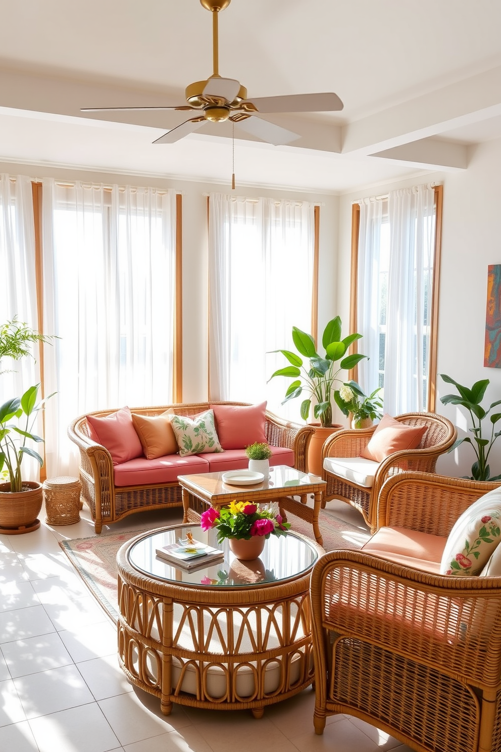 A bright and airy living room featuring rattan furniture that enhances the breezy atmosphere. The space includes a comfortable rattan sofa adorned with colorful cushions, complemented by a matching coffee table and accent chairs. Large windows allow natural light to flood the room, showcasing sheer white curtains that flutter gently in the breeze. Potted plants are strategically placed around the room, adding a touch of greenery and vibrancy to the summer decor.