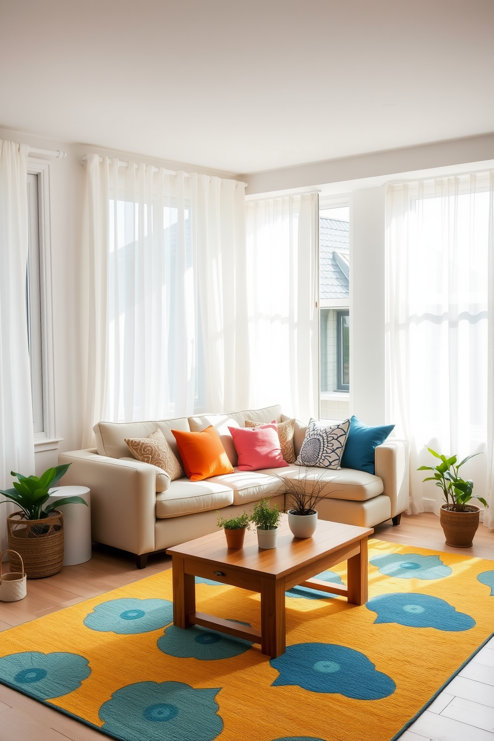 A bright and airy summer apartment filled with natural light. The living room features a comfortable beige sofa adorned with colorful throw pillows, and a vibrant area rug in shades of blue and yellow anchors the seating area. Large windows draped with sheer white curtains allow sunlight to flood the room. A wooden coffee table sits in front of the sofa, complemented by a few potted plants that bring a touch of nature indoors.