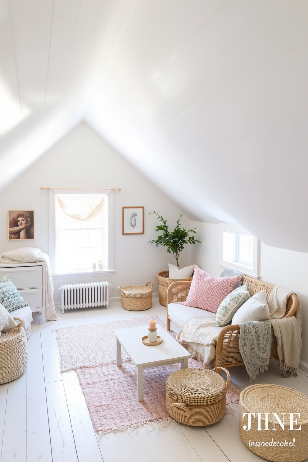 Bright white walls create an airy feel that enhances natural light in the space. The attic is adorned with soft pastel accents and cozy textiles for a fresh summer vibe.