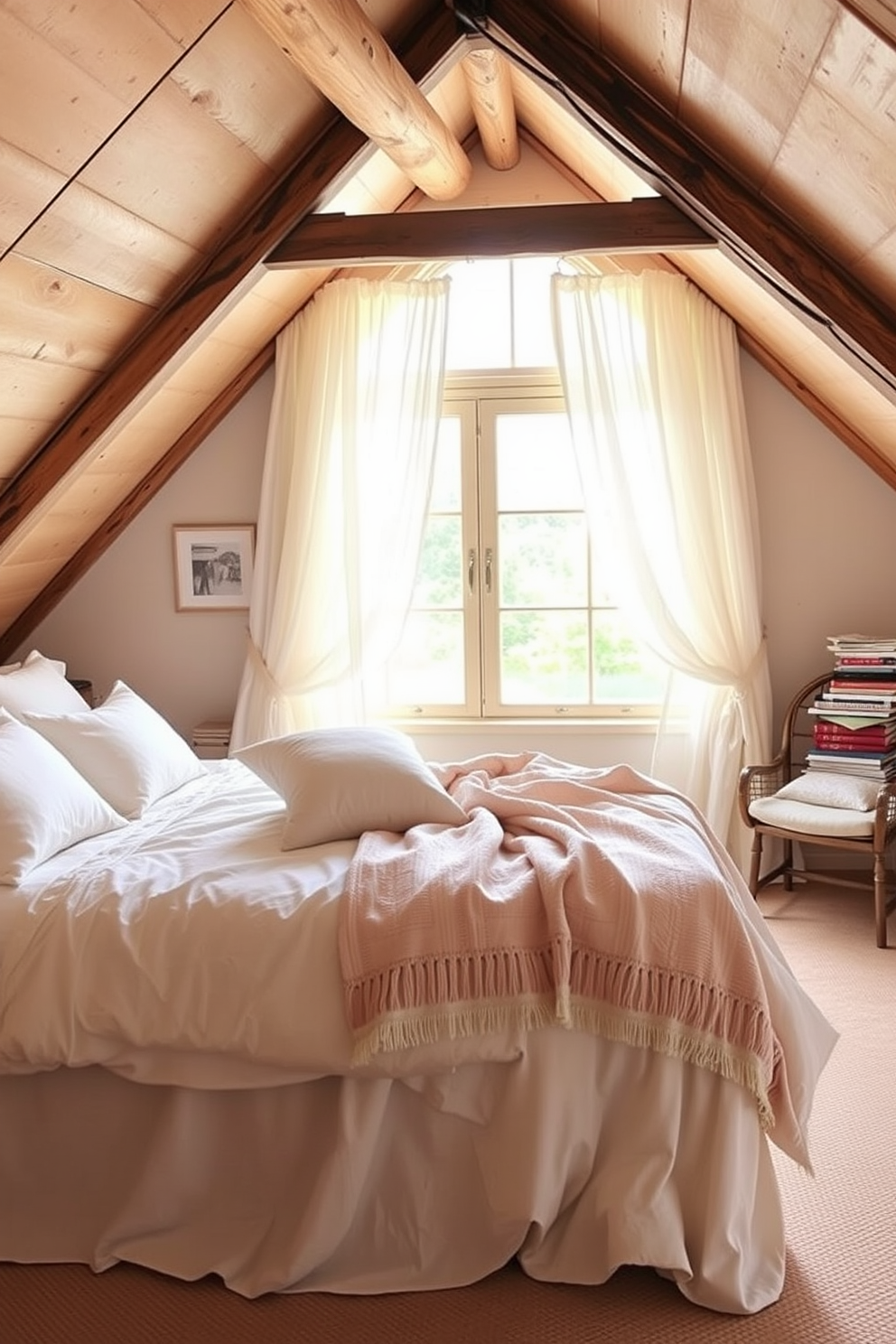 Create a serene summer attic bedroom featuring lightweight bedding in soft pastel colors. The bed is dressed with airy linens, complemented by fluffy throw pillows and a lightweight quilt, creating a cozy yet fresh atmosphere. Incorporate natural light through a large window adorned with sheer curtains that flutter gently in the breeze. Add rustic wooden beams to the ceiling and a small reading nook with a comfortable chair and a stack of books to enhance the inviting space.