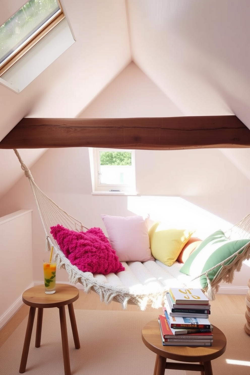 A cozy summer attic space filled with natural light. Soft pastel colors adorn the walls, while a comfortable hammock is suspended between two wooden beams, inviting relaxation. Plush throw pillows in vibrant hues are scattered around the hammock. A small wooden table beside it holds a refreshing drink and a stack of books for leisurely afternoons.