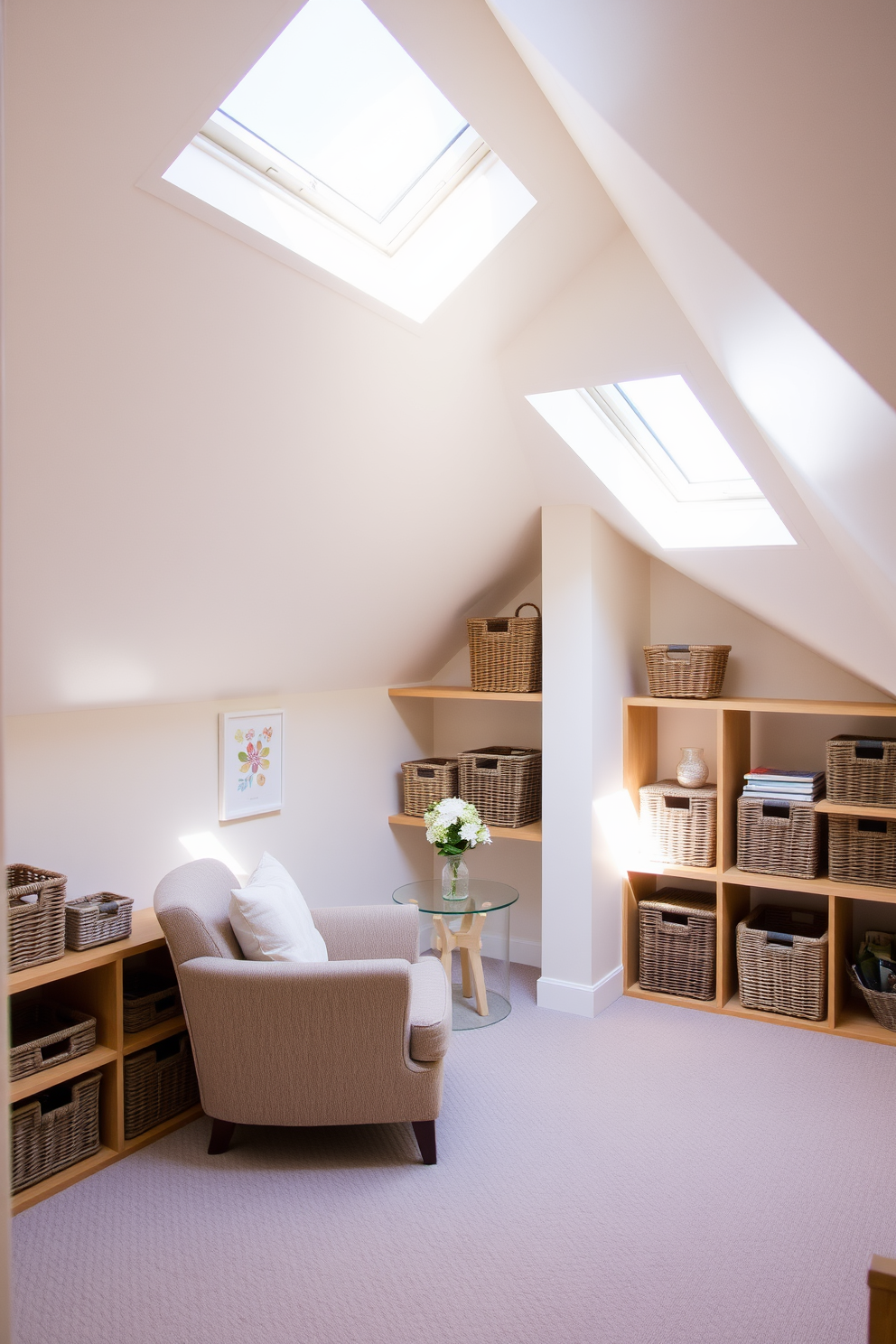 A cozy summer attic decorated with natural light streaming through skylights. The space features wicker baskets neatly arranged on wooden shelves for storage solutions, adding a touch of warmth and texture. Soft pastel colors adorn the walls, creating a serene atmosphere. A comfortable reading nook is set up with a plush armchair and a small side table, inviting relaxation in the charming attic space.