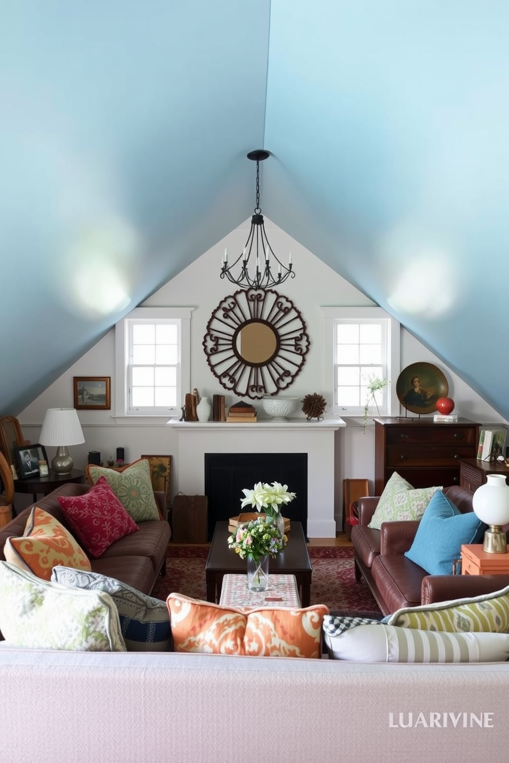 Paint the ceiling a light blue shade to create an airy and serene atmosphere. The attic is adorned with cozy seating, colorful throw pillows, and vintage decor pieces that evoke a sense of nostalgia.