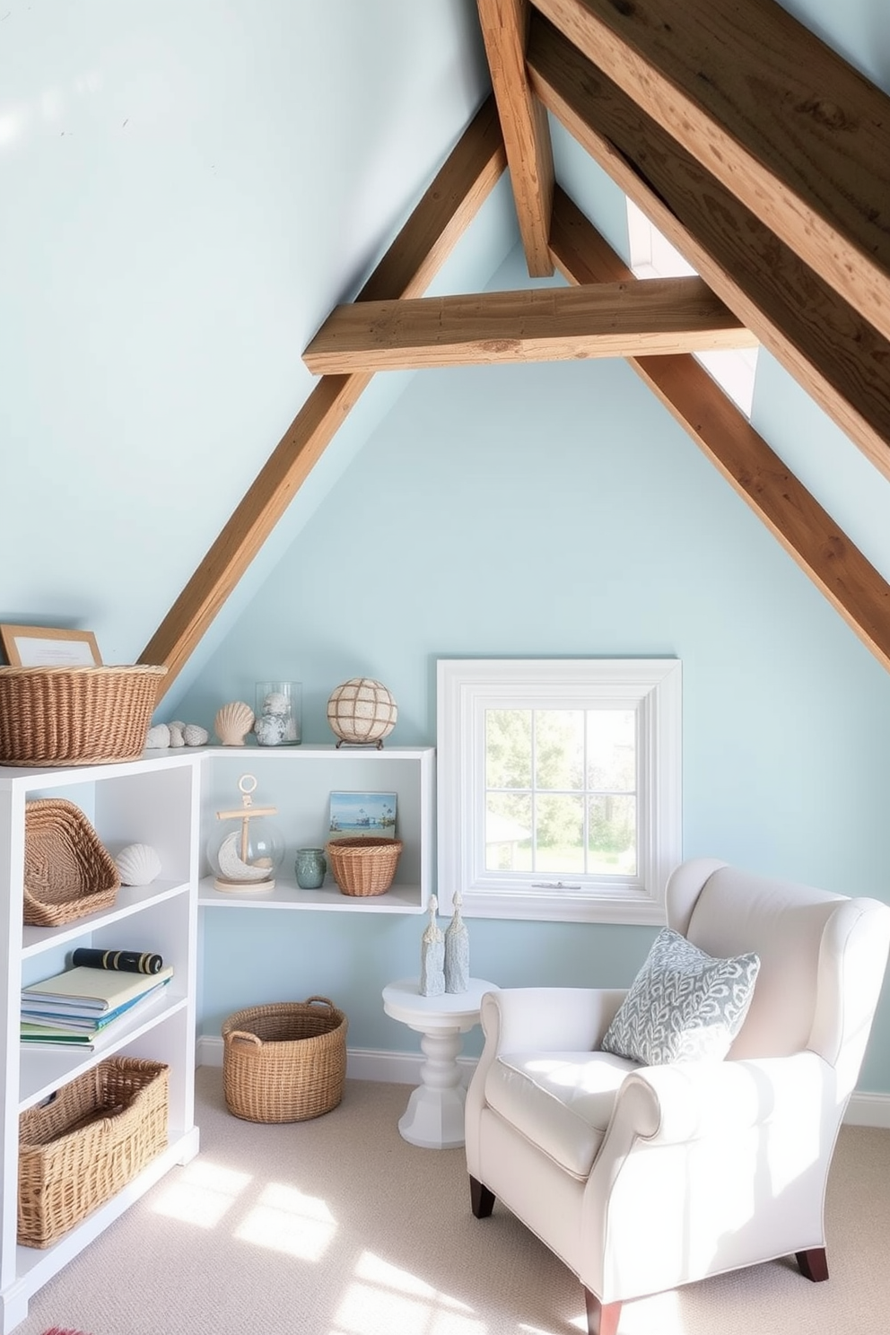 A cozy summer attic space filled with natural light. The walls are painted in a soft sky blue, and the wooden beams are exposed, giving a rustic charm. In the corner, a comfortable reading nook features a plush white armchair and a small side table. Nautical decor elements like a woven basket, seashells, and a vintage map adorn the shelves, creating a beachy atmosphere.