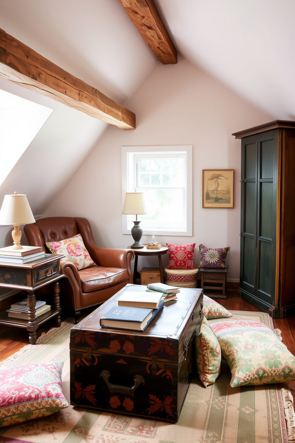 A charming summer attic space filled with vintage furniture that adds character and warmth. A cozy reading nook features a distressed leather armchair paired with a weathered wooden side table, adorned with a stack of classic books and a vintage lamp. The walls are painted in a soft pastel hue, complemented by exposed wooden beams that enhance the rustic charm. A vintage trunk serves as a coffee table, surrounded by a collection of colorful patterned cushions on a faded area rug.