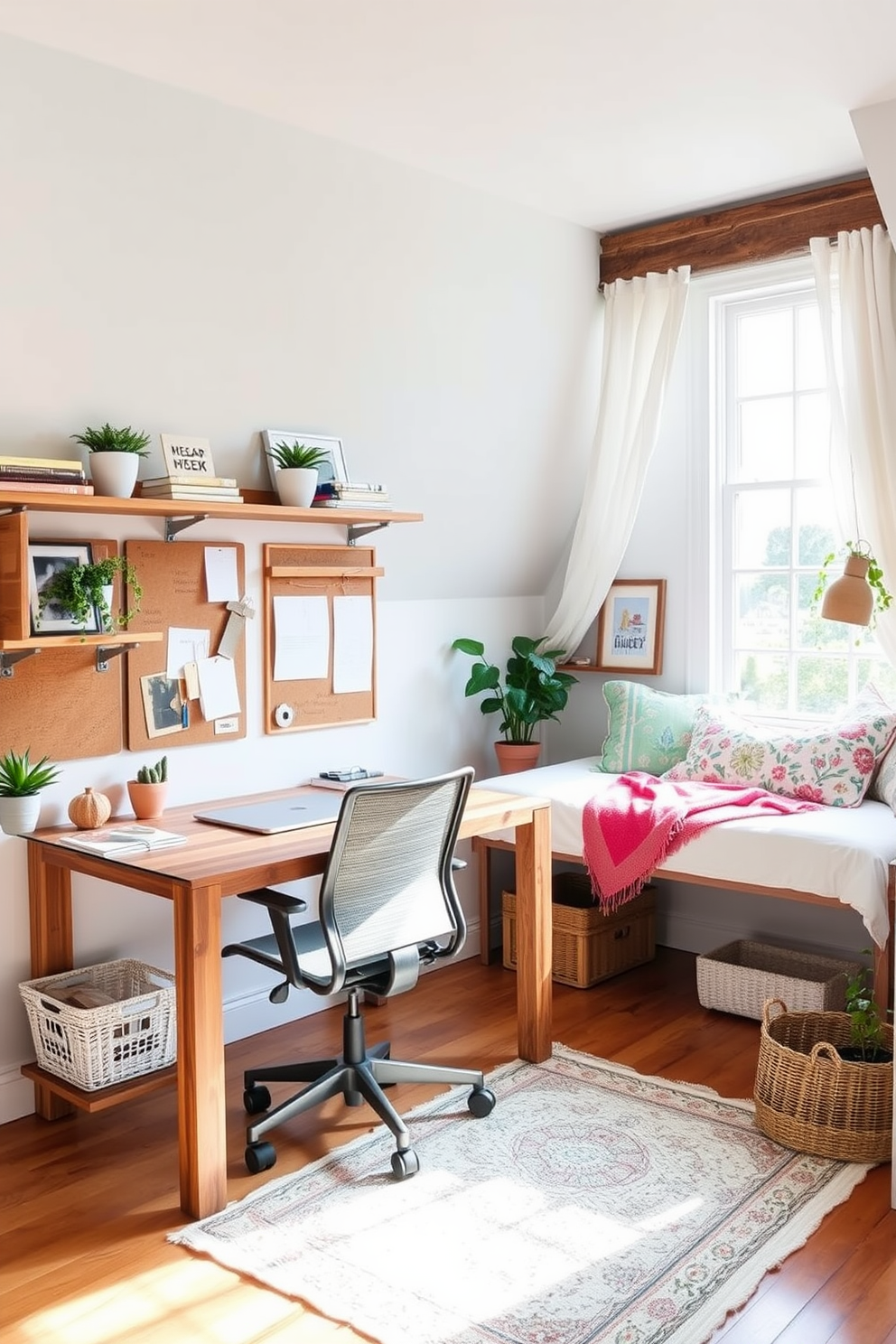 A stylish multi-functional workspace area with a sleek desk made of reclaimed wood positioned against a large window. The space features a comfortable ergonomic chair, shelves filled with books and plants, and a bulletin board for inspiration. A cozy summer attic decorated with light, airy fabrics and pastel colors to create a refreshing atmosphere. The room includes a daybed adorned with colorful throw pillows, a small writing desk, and a vintage rug that adds warmth to the wooden floor.