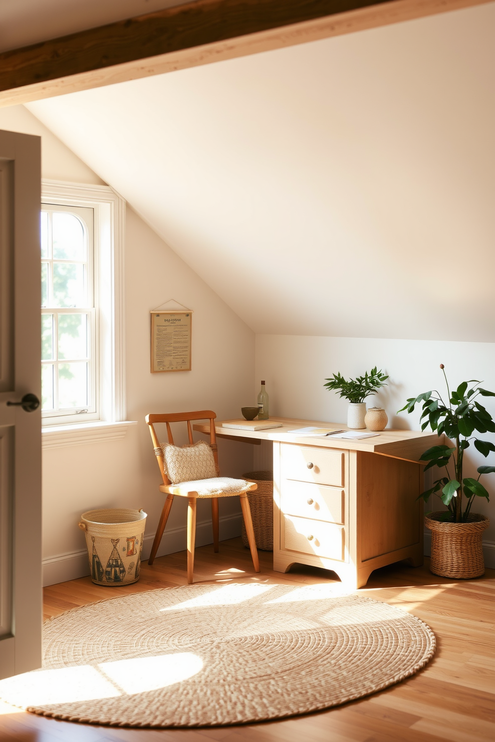 A cozy summer attic space featuring a small wooden desk positioned by a window, providing a perfect writing nook. The walls are adorned with light pastel colors, and natural light floods the room, highlighting the soft textures of a woven rug on the wooden floor.