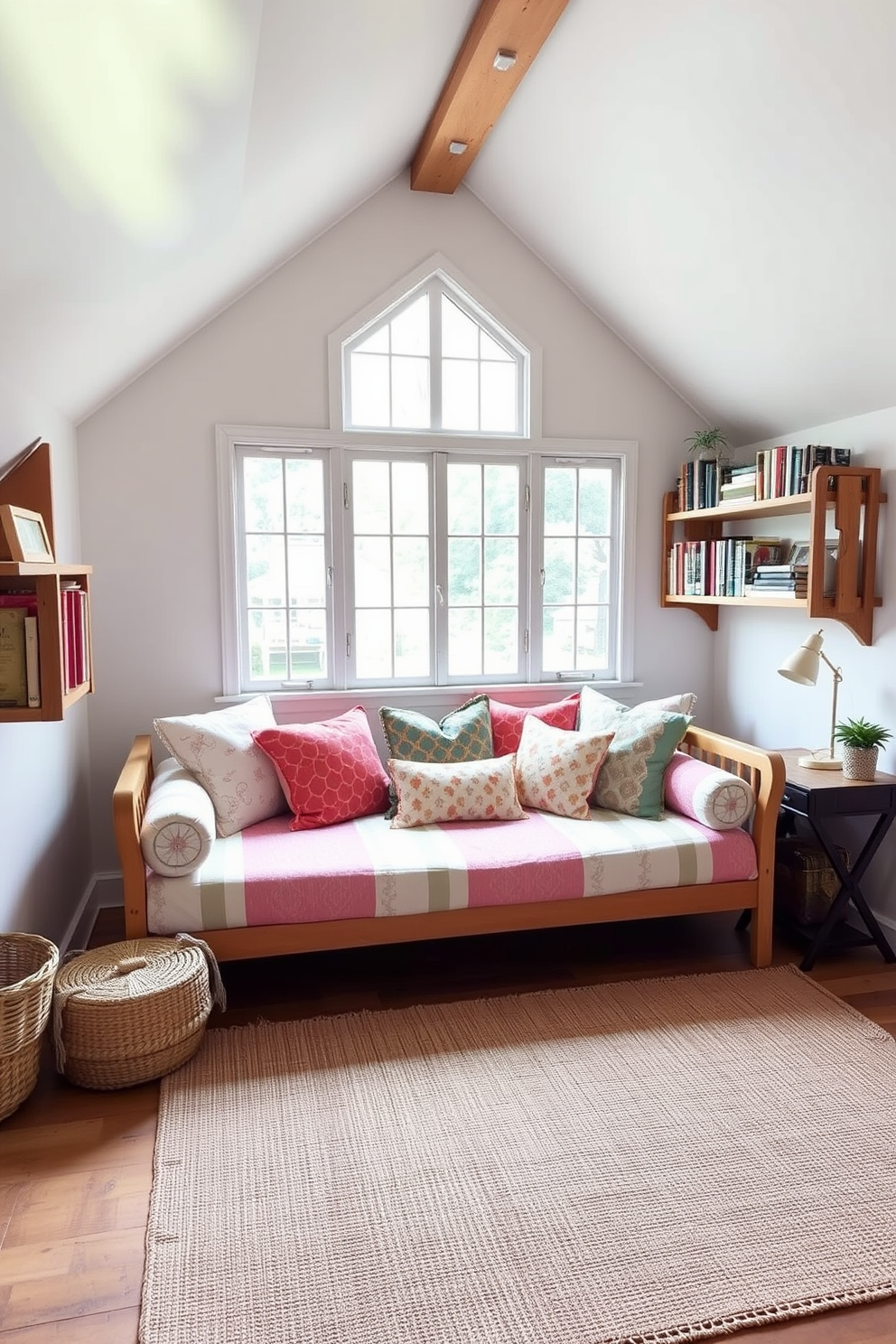 A cozy summer attic retreat featuring a stylish daybed adorned with soft, colorful cushions. The walls are painted in a light, airy hue, and large windows allow natural light to flood the space, creating an inviting atmosphere. Surrounding the daybed are rustic wooden shelves filled with books and decorative items, enhancing the charm of the attic. A woven rug lies beneath the daybed, adding warmth and texture to the overall design.