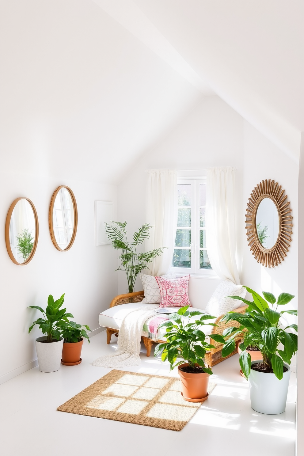 A bright and airy summer attic space filled with natural light. The walls are painted in soft white, and decorative mirrors are strategically placed to reflect sunlight and enhance the room's brightness. Cozy seating is arranged near a large window, adorned with light, flowing curtains. Vibrant potted plants add a touch of greenery, creating a refreshing and inviting atmosphere.