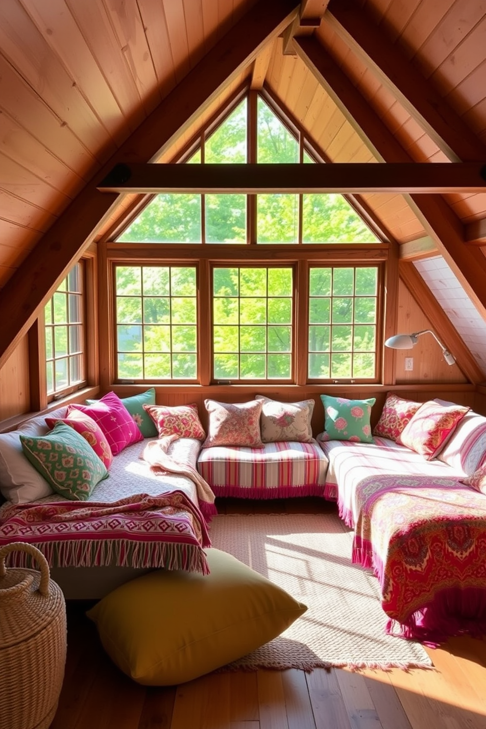 A cozy summer attic retreat filled with natural light. The space features a comfortable seating area adorned with colorful throw pillows and soft blankets in vibrant patterns. Wooden beams accentuate the ceiling, while large windows offer a view of the lush greenery outside. A woven rug adds warmth to the wooden floor, creating an inviting atmosphere perfect for relaxation.