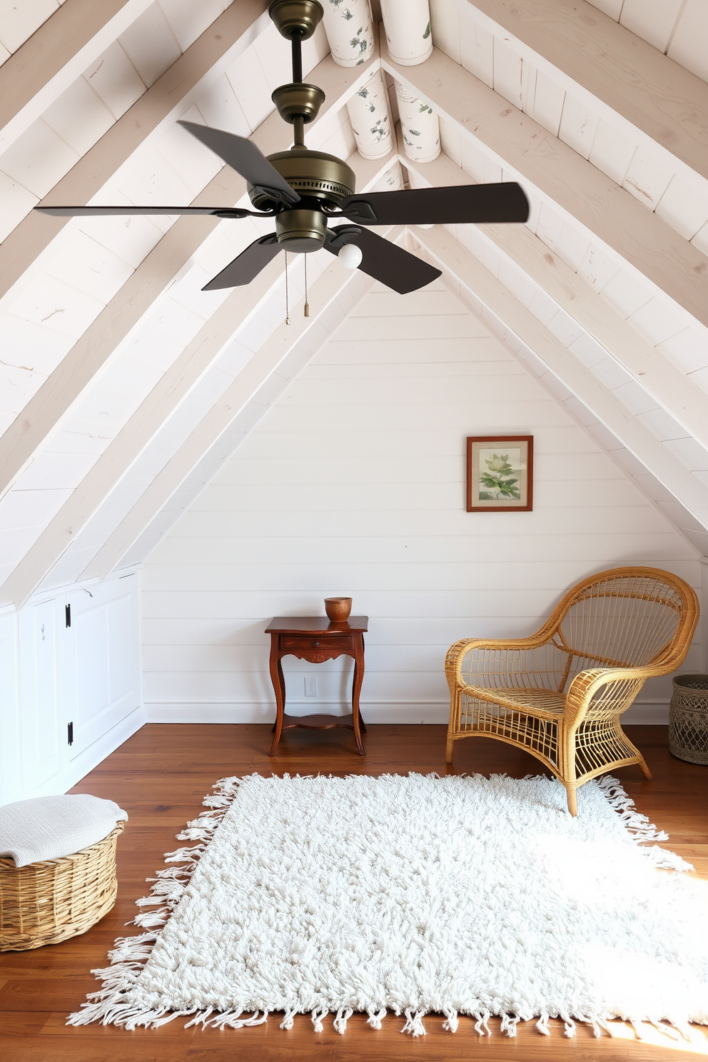 A cozy summer attic space designed for relaxation. The ceiling fan is installed to ensure airflow while white-washed wooden beams add charm to the room. Soft pastel colors adorn the walls, complemented by a plush area rug on the wooden floor. Vintage furniture pieces, including a wicker chair and a small side table, create an inviting atmosphere.