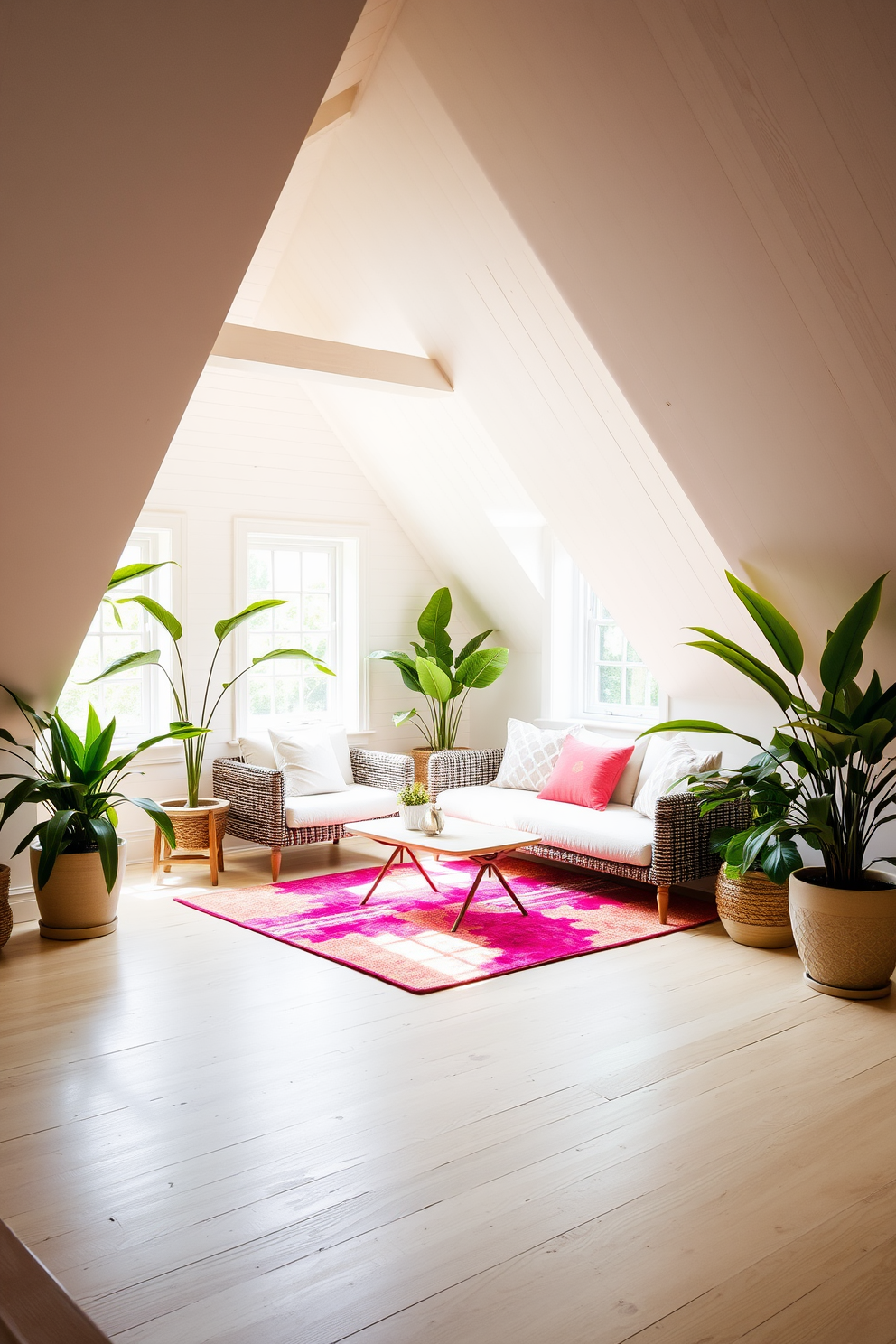 A bright and airy attic space filled with natural light. The floor is covered with a vibrant area rug that adds a splash of color, complementing the light wooden beams of the ceiling. Cozy seating arrangements with plush cushions are placed near the windows. Decorative plants in stylish pots enhance the summer vibe, creating a refreshing and inviting atmosphere.