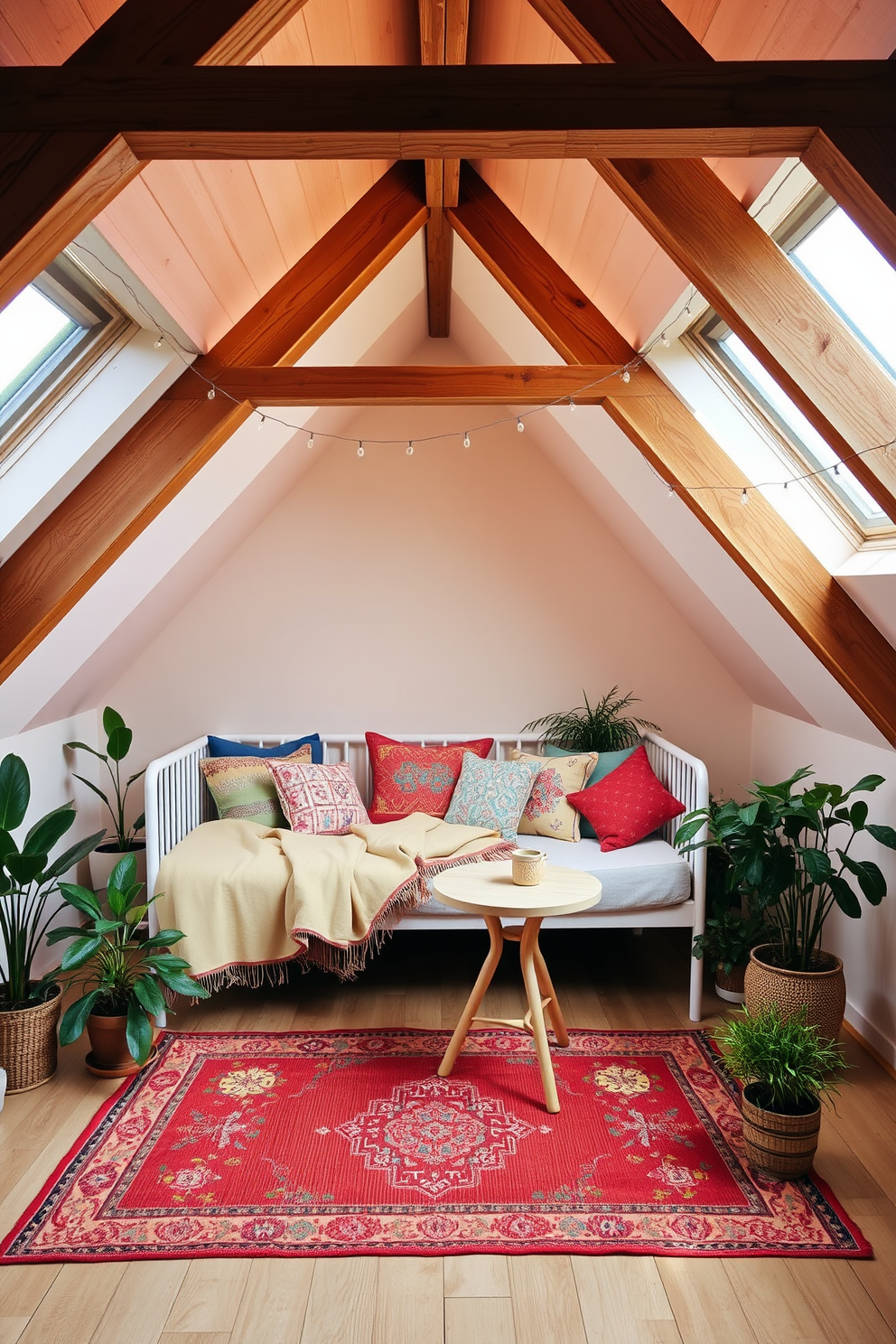 A cozy summer attic setting filled with natural light. The room features a comfortable daybed adorned with colorful throw pillows and a soft blanket. Wooden beams frame the ceiling, adding warmth to the space. A small round table sits beside the daybed, perfect for morning coffee or reading. The walls are painted in a soft pastel hue, creating a serene atmosphere. Potted plants are placed in the corners, bringing a touch of nature indoors. Fairy lights are draped along the beams, casting a warm glow in the evening. A vintage rug adds texture and ties the space together beautifully.