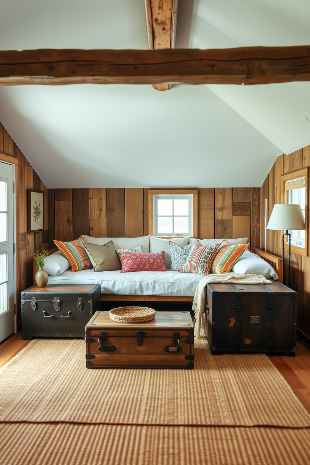 Create a cozy summer attic space that combines rustic charm with modern aesthetics. The walls are adorned with reclaimed wood panels, and the ceiling features exposed beams that add character. In one corner, place a plush daybed dressed in light linen with an assortment of colorful throw pillows. A vintage trunk serves as a coffee table, while a woven rug anchors the seating area, enhancing the tactile experience.