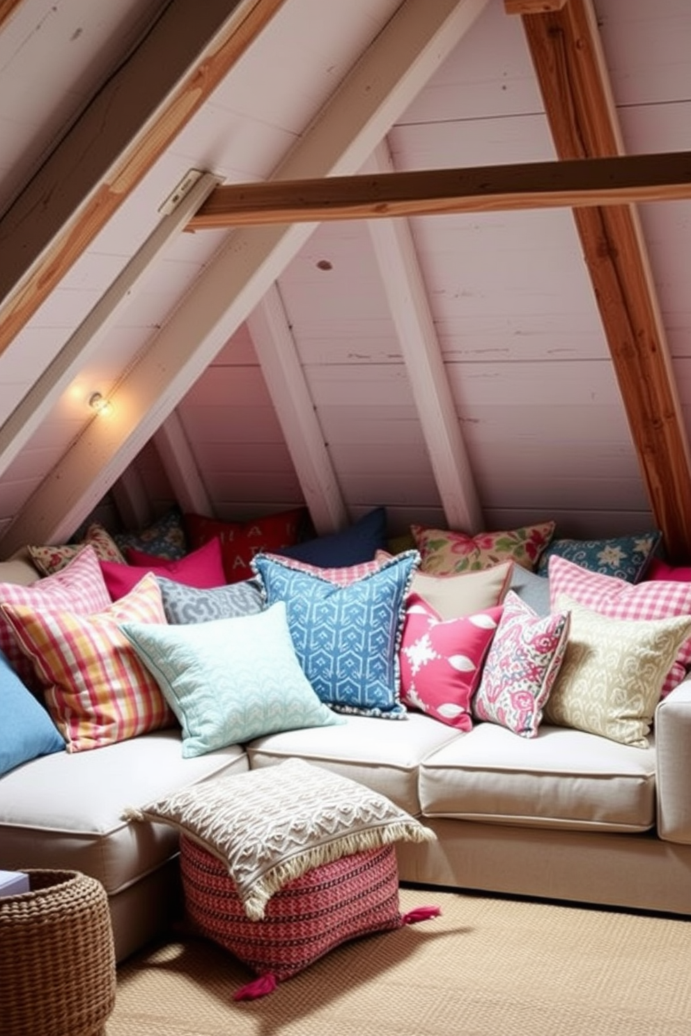 Create a cozy movie corner with cushions. Imagine a plush sectional sofa adorned with an array of colorful throw pillows, surrounded by soft, ambient lighting. Summer attic decorating ideas should evoke a sense of lightness and freshness. Visualize whitewashed wood beams, airy fabrics, and pops of vibrant colors that bring the space to life.