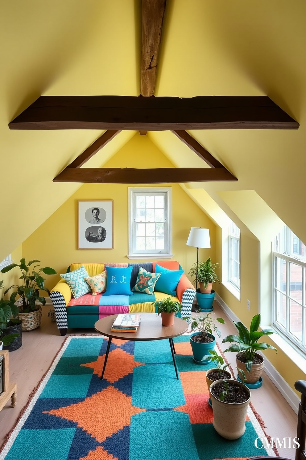 A bright and airy attic space filled with natural light. The walls are painted in a soft pastel yellow, complemented by vibrant teal accents in the decor and furnishings. A cozy seating area features a colorful patchwork sofa adorned with playful throw pillows. A whimsical area rug with bold geometric patterns anchors the space, while potted plants add a touch of greenery.