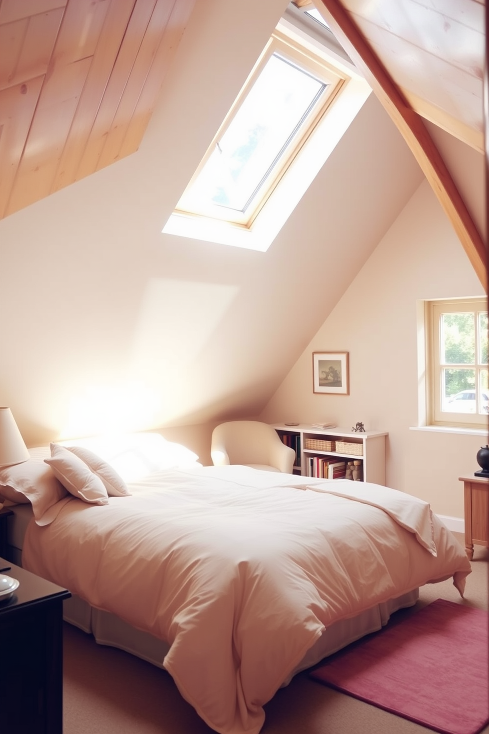 A cozy attic bedroom with slanted ceilings adorned with wooden beams. The bed is dressed in a light-colored duvet, creating a fresh and airy atmosphere perfect for summer nights. Natural light floods the space through a large skylight, illuminating soft, pastel-colored decor. A small reading nook with a plush chair and a bookshelf adds charm and functionality to the room.