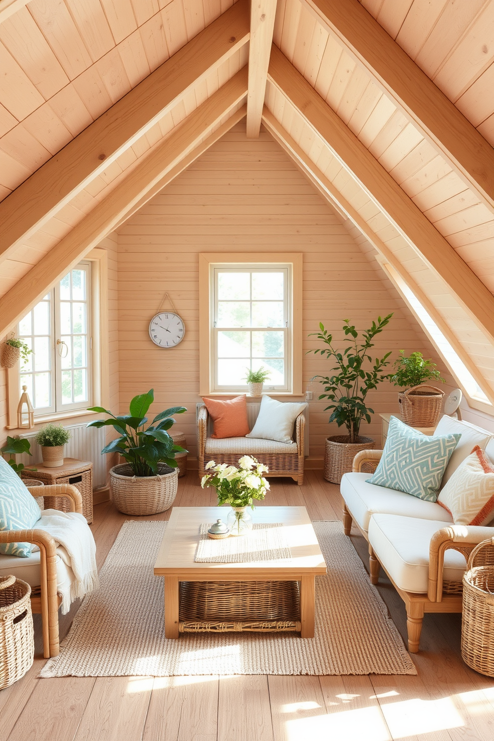 A cozy summer attic retreat filled with light wood furniture that exudes warmth and comfort. Soft textiles in pastel colors adorn the seating areas, creating an inviting atmosphere perfect for relaxation. Large windows allow natural light to flood the space, highlighting the wooden beams and enhancing the airy feel. Potted plants and woven baskets add a touch of nature and organization to the decor.