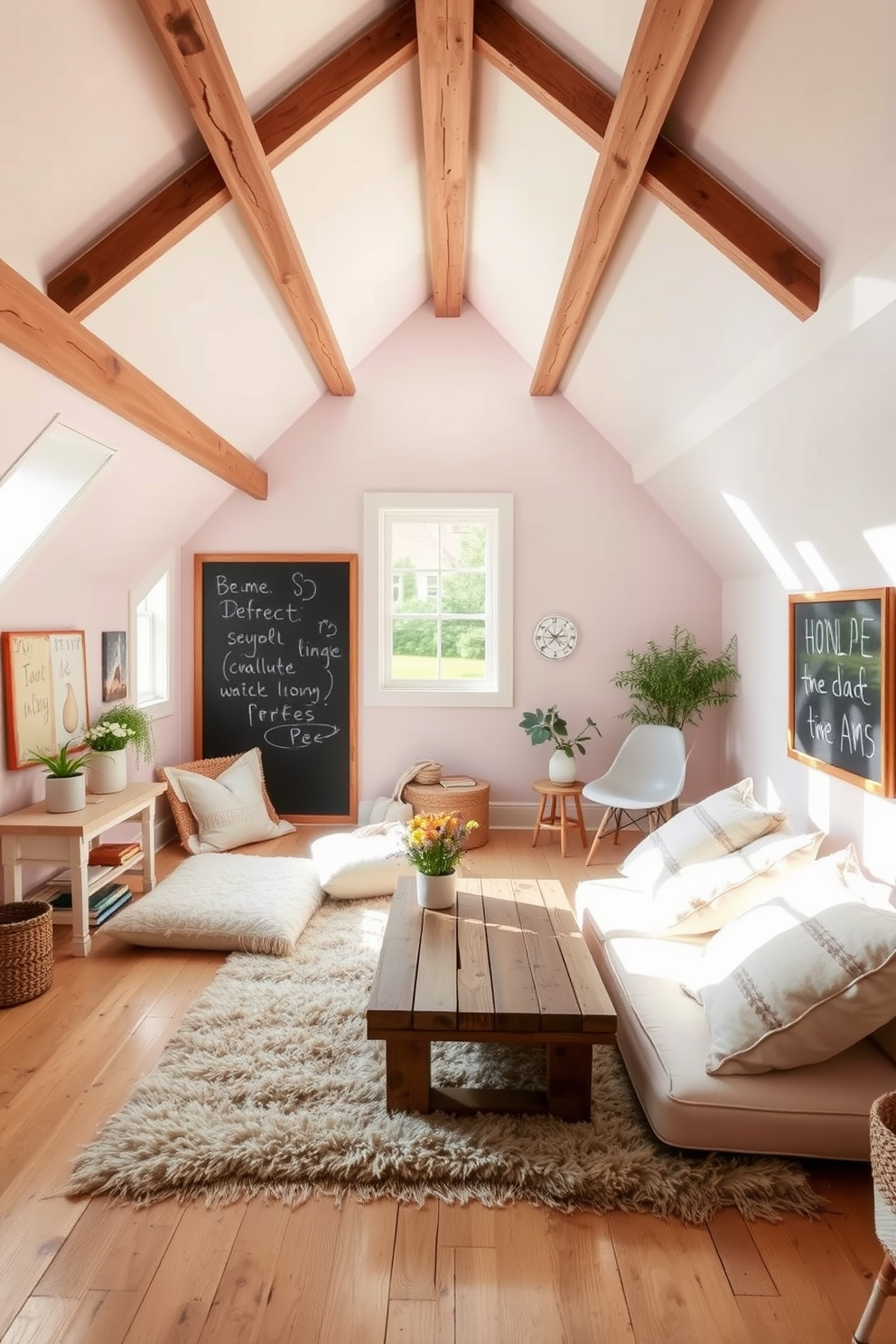 A cozy summer attic space filled with natural light. The walls are painted in soft pastel colors, and a chalkboard wall is installed for creativity and inspiration. There are vintage wooden beams exposed on the ceiling, adding charm to the room. A comfortable seating area is created with a plush rug, oversized cushions, and a small coffee table made from reclaimed wood.