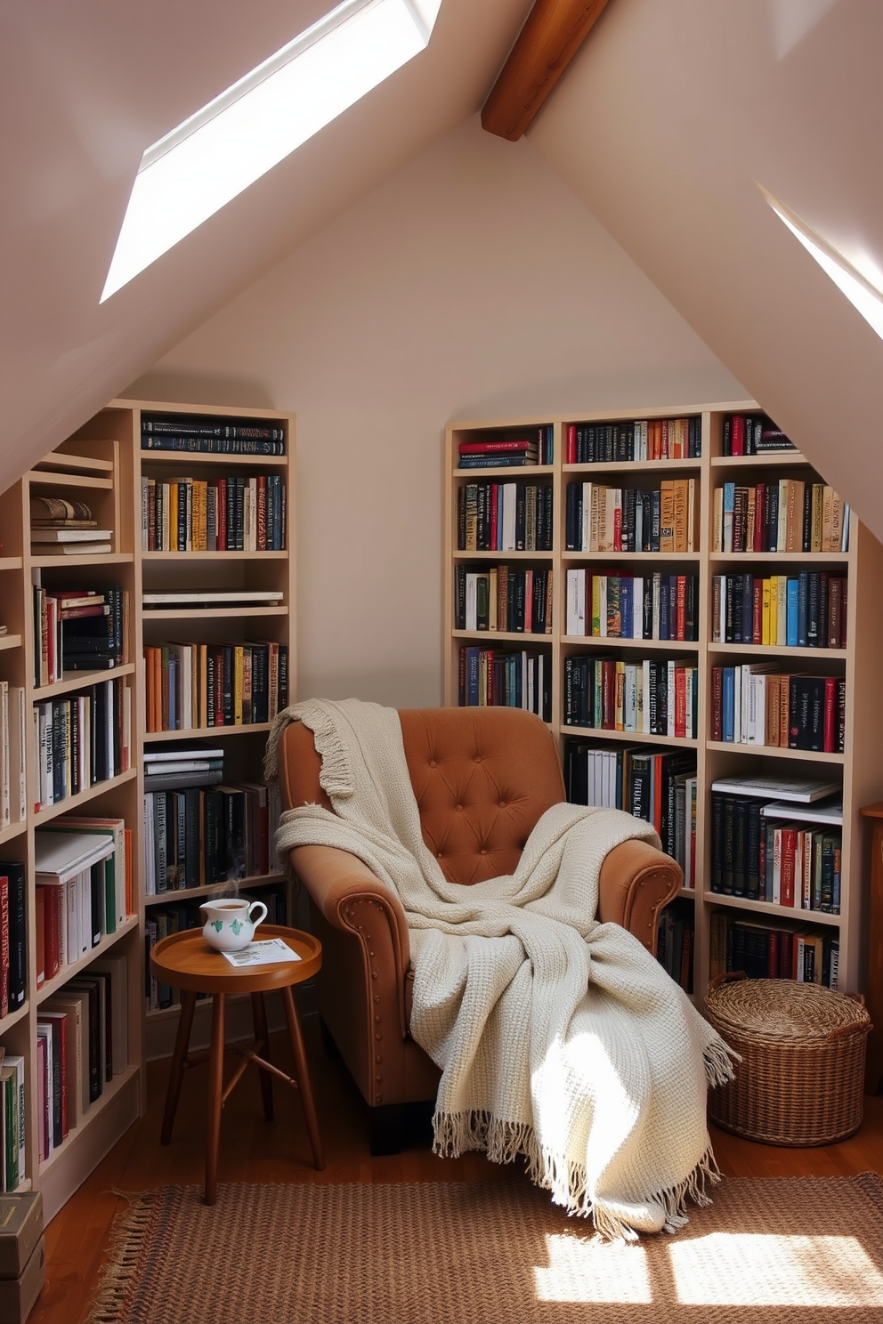 A cozy reading nook is nestled in the corner of a sunlit attic. It features a plush armchair draped with a soft throw blanket and a small side table holding a steaming cup of tea. Surrounding the nook are tall bookshelves filled with an array of colorful books. The walls are painted in a light pastel hue, and a woven rug adds warmth to the wooden floor.