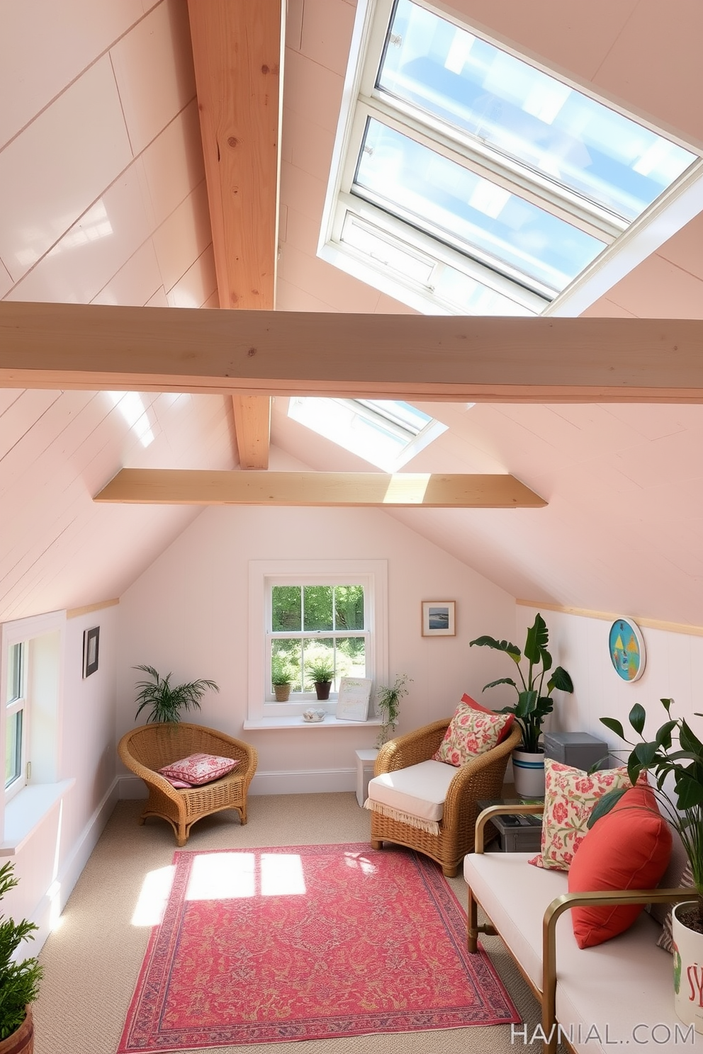 A bright and airy summer attic space filled with natural light from newly installed skylights. The room features cozy seating with vibrant cushions and a small reading nook by the window. Light wooden beams contrast with soft pastel walls, creating a serene atmosphere. Decorative plants and colorful artwork add a touch of personality to the space.