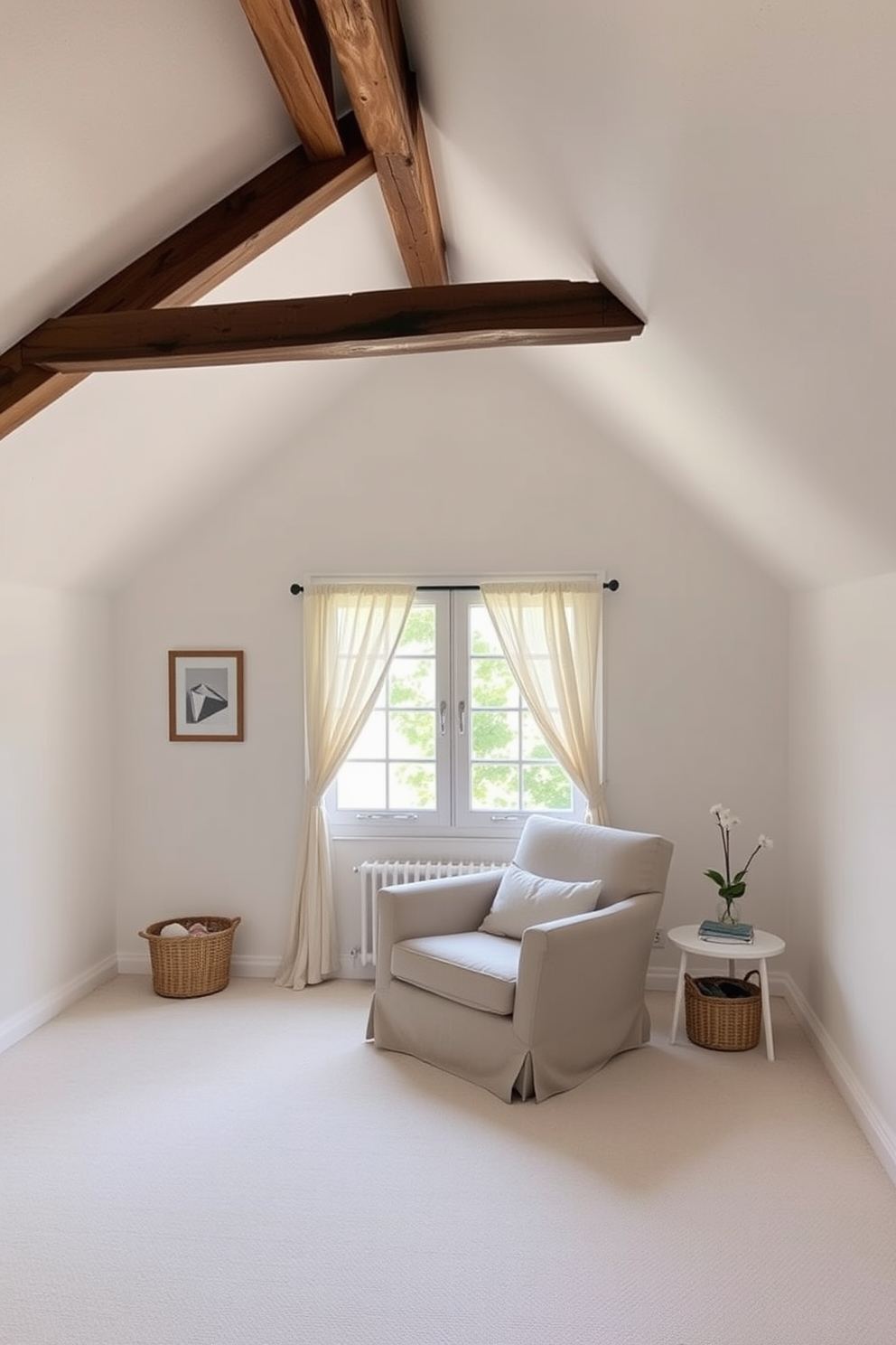 A cozy summer attic space filled with natural light. The walls are painted in a soft white, and the ceiling features exposed wooden beams that add character. Hang sheer curtains at the windows to allow soft sunlight to filter through. A comfortable seating area with a plush armchair and a small side table creates an inviting nook for relaxation.