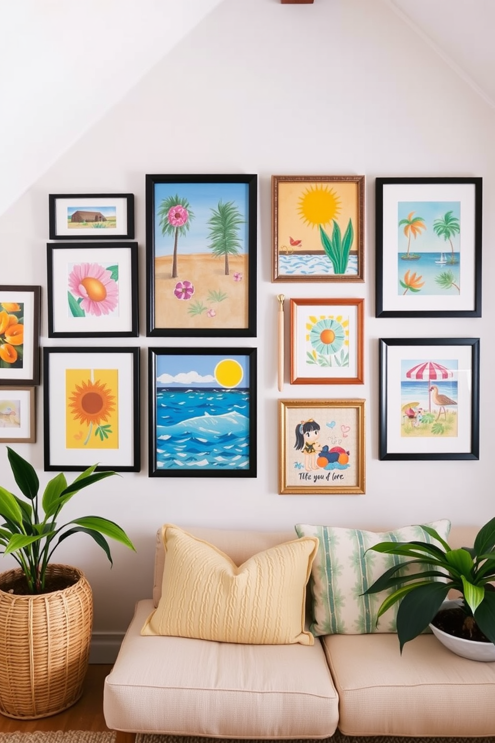 Create a gallery wall featuring vibrant summer-themed art pieces. Include a mix of framed paintings, photographs, and prints that capture the essence of the season. Design an inviting summer attic space that combines comfort and style. Use light colors, natural materials, and playful accents to create a cheerful atmosphere.