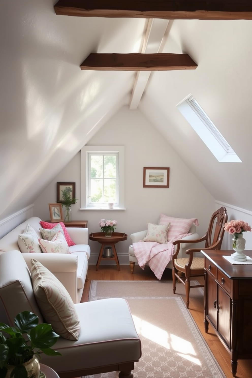 A charming summer attic space filled with natural light. The walls are painted in soft pastel shades, creating a serene atmosphere. A cozy seating area features a light pastel sofa adorned with colorful throw pillows. Vintage wooden furniture complements the space, adding character and warmth.