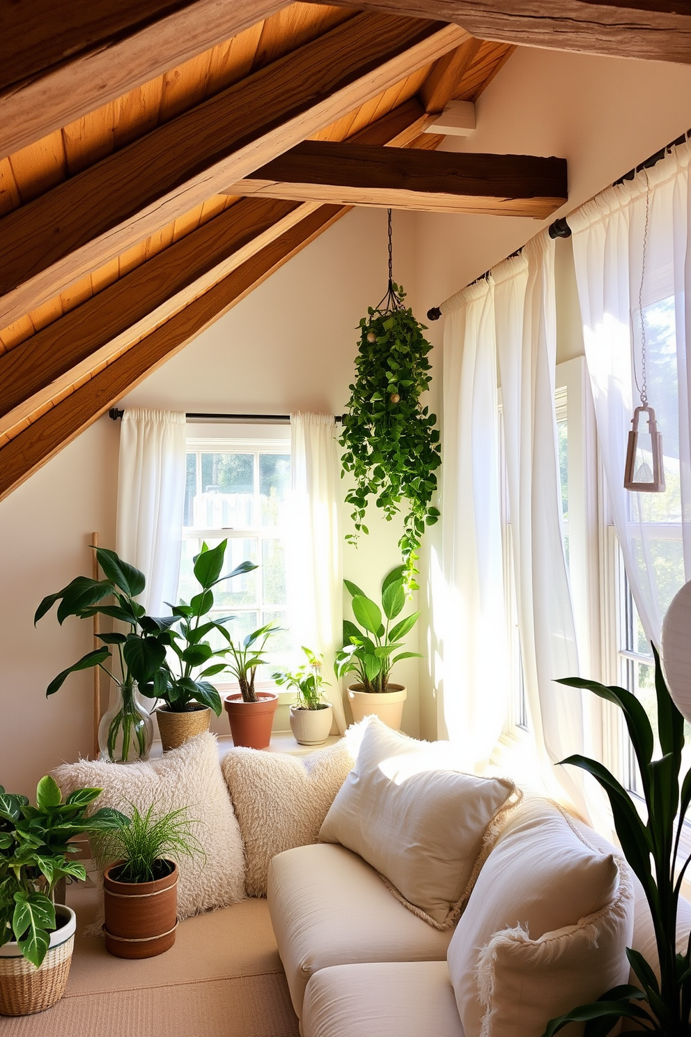 A cozy summer attic space filled with natural light. There are large windows with sheer curtains allowing sunlight to filter in, illuminating a comfortable seating area adorned with plush cushions. In one corner, a variety of indoor plants in stylish pots add a touch of greenery and freshness to the decor. The walls are painted in a soft pastel color, and rustic wooden beams create a charming, inviting atmosphere.