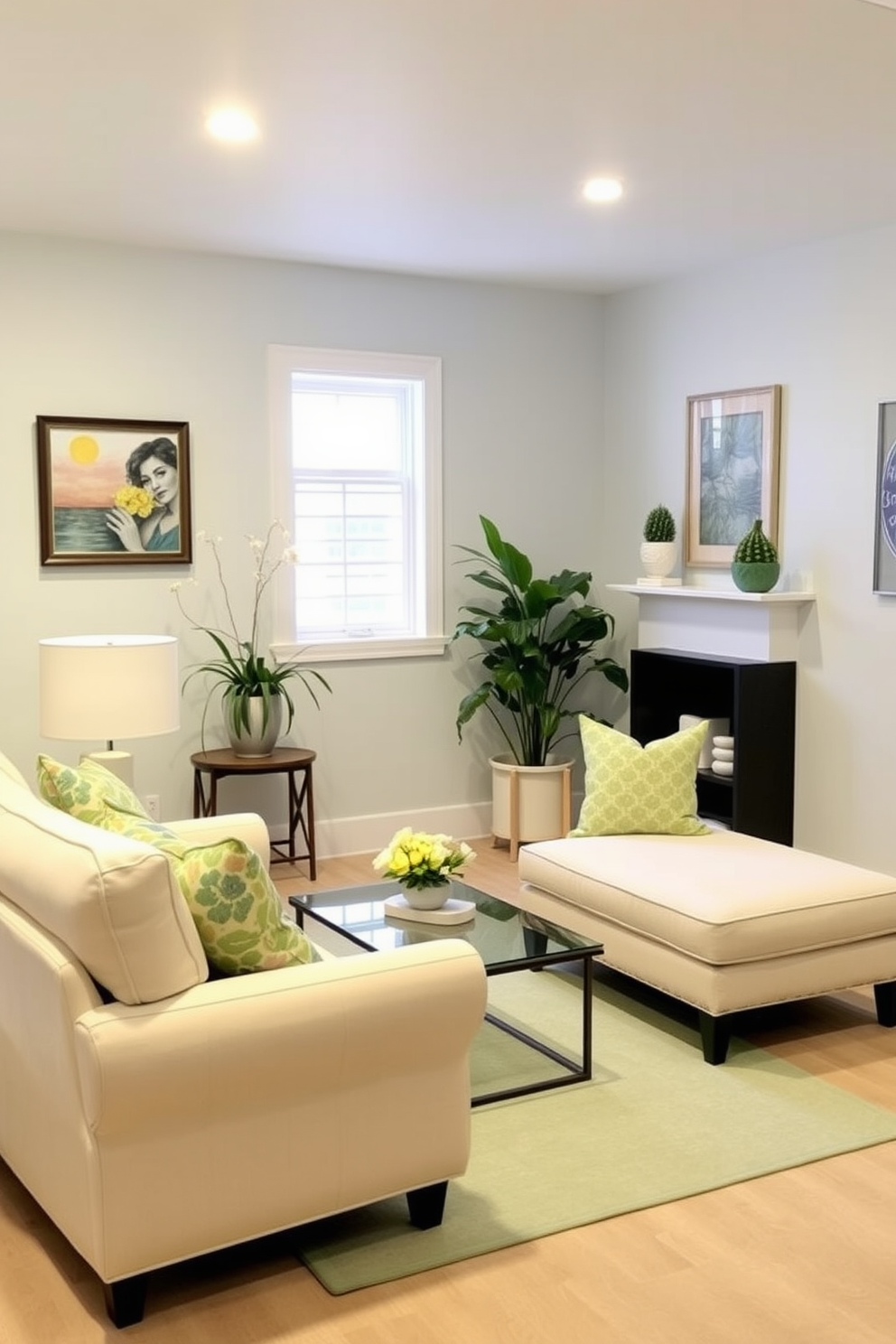 Brighten the walls of the basement with soft pastel shades to create an inviting atmosphere. Incorporate light-colored furniture and decor to enhance the airy feel of the space. Use vibrant accents like throw pillows and artwork to add a touch of summer warmth. Consider adding plants or floral arrangements to bring life and color to the basement setting.