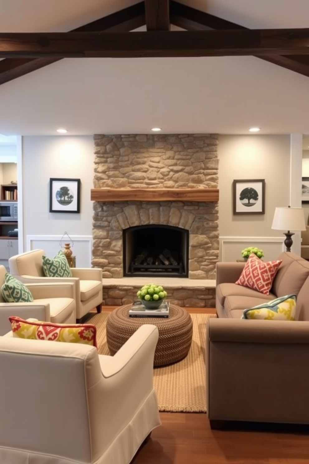 A cozy fireplace feature is the focal point of the summer basement. It is surrounded by comfortable seating, with plush armchairs and a soft sectional sofa arranged to encourage conversation. The fireplace is framed with natural stone and topped with a rustic wooden mantle. Soft lighting enhances the warm ambiance, while colorful throw pillows and a woven rug add a touch of summer charm.