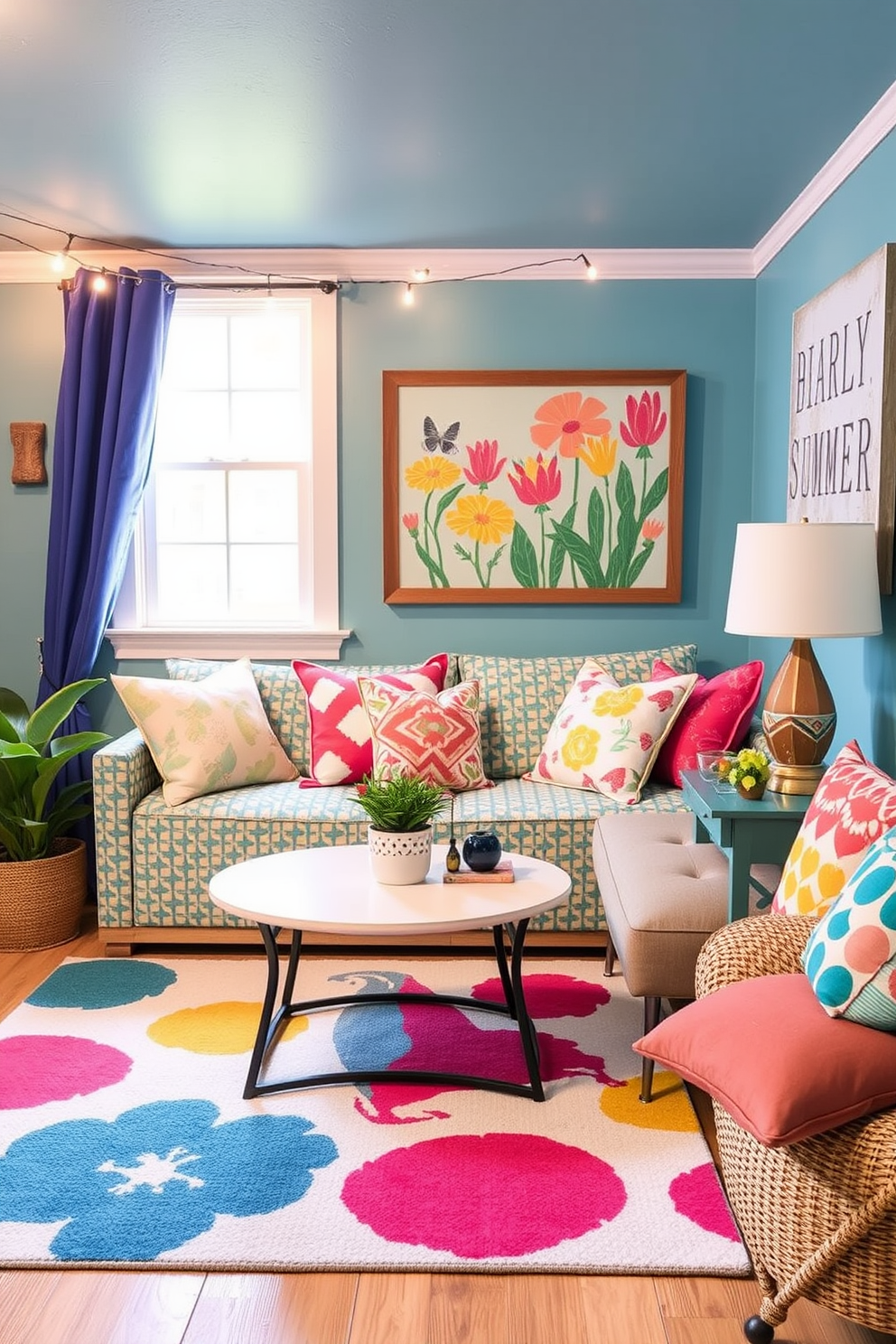 Create a whimsical summer basement decor that features vibrant colors and playful patterns. Include cozy seating with oversized cushions and a fun rug that adds a splash of personality to the space. Incorporate unique wall art that showcases cheerful summer themes like beach scenes or botanical prints. Add decorative elements such as string lights and colorful throw pillows to enhance the playful atmosphere.