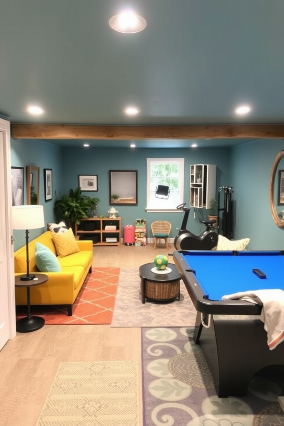 Create distinct zones within the basement to accommodate various activities such as a cozy reading nook, a game area, and a home gym. Use furniture arrangement and area rugs to visually separate these spaces while maintaining a cohesive design theme. Incorporate bright colors and playful patterns to evoke a summery feel, enhancing the overall ambiance. Add plenty of natural light with strategically placed lighting fixtures and mirrors to create an inviting atmosphere.