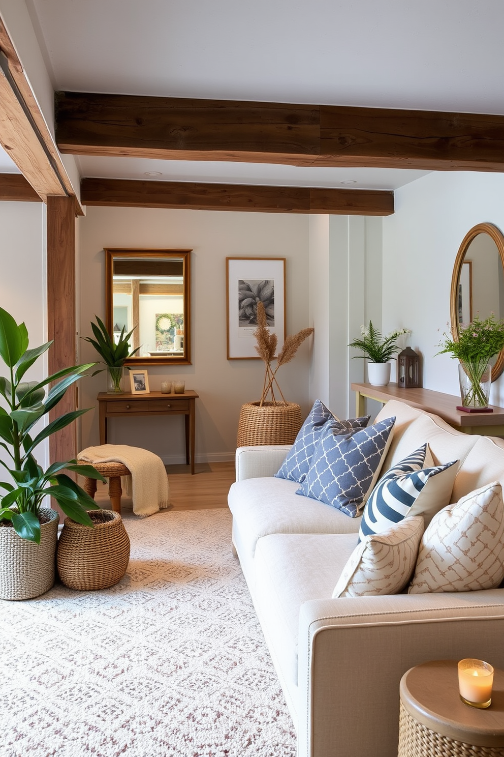 Create a cozy summer basement retreat. Incorporate soft textiles like plush throws and oversized cushions to create warmth and comfort. Design the space with light, airy colors to enhance the feeling of openness. Use natural light sources and strategically placed mirrors to brighten the area.