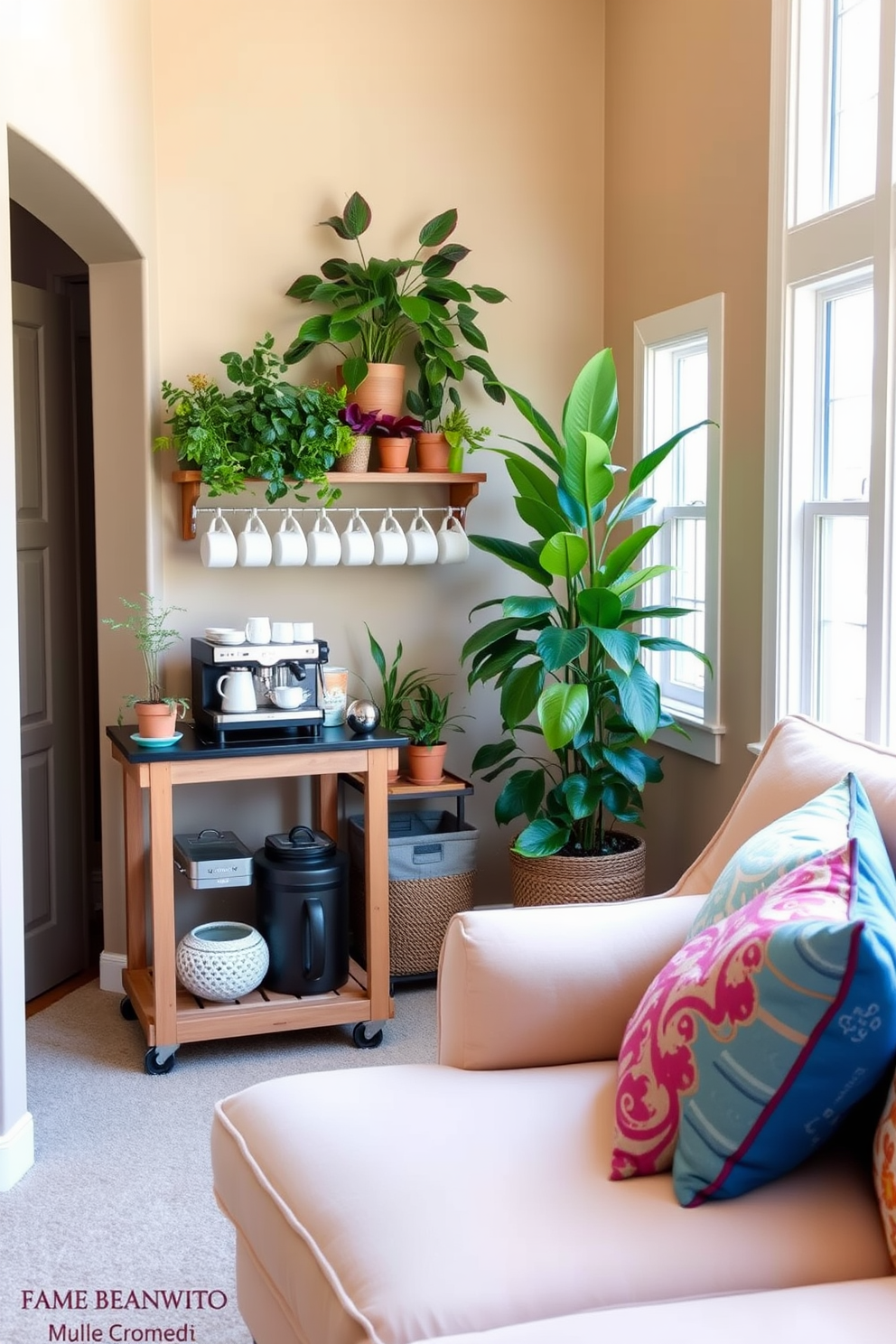 A cozy summer basement retreat featuring a stylish coffee station tucked into the corner. The coffee station includes a sleek espresso machine on a wooden cart with a collection of mugs displayed above, surrounded by vibrant potted plants that bring life to the space. Soft, light-colored furniture invites relaxation, with a plush sectional sofa adorned with colorful throw pillows. The walls are painted in a warm beige tone, and large windows allow natural light to flood in, enhancing the cheerful summer atmosphere.