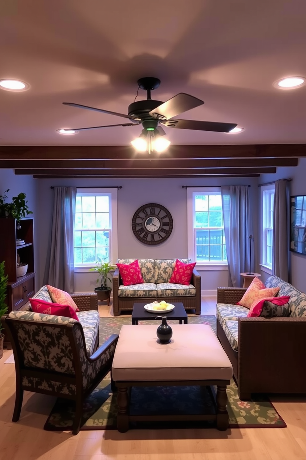 A cozy summer basement retreat with a ceiling fan installed to enhance airflow. The space features soft lighting, comfortable seating, and vibrant decor that invites relaxation and enjoyment.