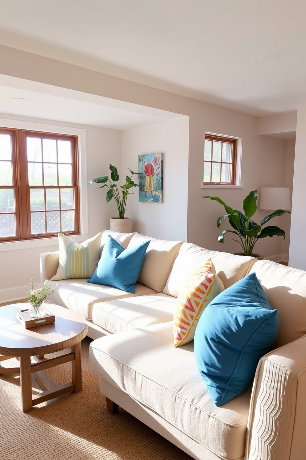 A cozy summer basement retreat featuring a comfortable sectional sofa adorned with colorful throw pillows for pops of color. The walls are painted in a light, airy shade, and large windows allow natural light to flood the space, creating a bright and inviting atmosphere.