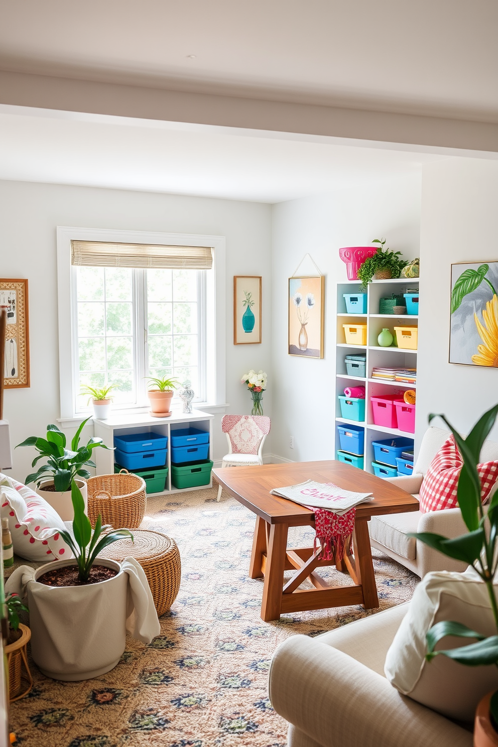 A bright and inviting craft corner filled with natural light. The walls are painted in a soft pastel hue, and a large wooden table serves as the central workspace, surrounded by colorful storage bins and shelves filled with supplies. Cozy summer basement decorating ideas featuring light, airy fabrics and cheerful decor. A comfortable seating area with a plush sofa and vibrant throw pillows invites relaxation, while potted plants bring a touch of nature indoors.