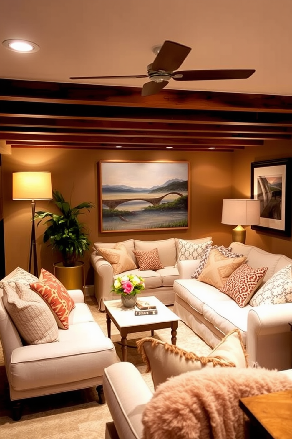 Layered lighting creates a warm and inviting atmosphere in a summer basement. Incorporate a mix of recessed lighting, floor lamps, and table lamps to enhance the space's coziness. Use light-colored furniture and soft textiles to brighten the basement while maintaining a relaxed vibe. Add pops of color through decorative pillows and artwork to reflect the summer theme.