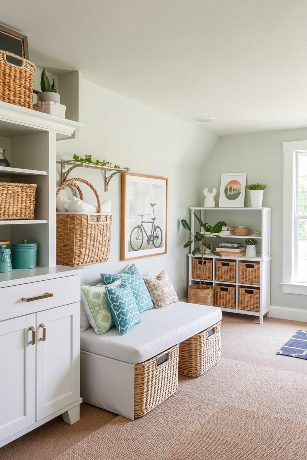 A cozy summer basement retreat featuring decorative storage solutions that enhance organization and style. The space includes woven baskets and stylish shelves to keep items neatly tucked away while adding a touch of charm. Bright, airy colors dominate the walls and decor, creating a refreshing atmosphere. Large windows allow natural light to flood in, making the basement feel inviting and spacious.