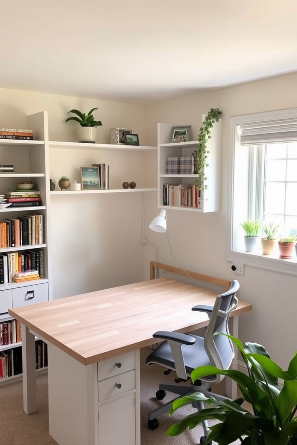 A bright and inviting basement workspace features a large wooden desk positioned near a window that allows ample natural light to flood the area. The walls are painted in a soft cream color, complemented by light gray shelving filled with books and decorative items. A comfortable ergonomic chair sits at the desk, and a stylish desk lamp provides additional lighting for evening work. Potted plants are placed on the windowsill, adding a touch of greenery to the space while enhancing the summer vibe.