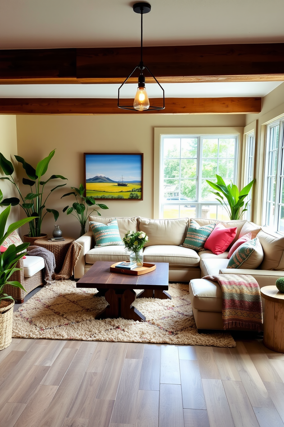 A cozy summer basement retreat featuring soft, neutral-toned furniture that invites relaxation. Large windows allow natural light to fill the space, complemented by vibrant green plants placed strategically around the room. The focal point is a comfortable sectional sofa adorned with colorful throw pillows, creating a cheerful atmosphere. A rustic coffee table sits in the center, surrounded by a plush area rug that adds warmth and texture to the floor. Stylish pendant lights hang from the ceiling, providing both illumination and a touch of elegance. Wall art depicting summer landscapes enhances the inviting feel of the basement.