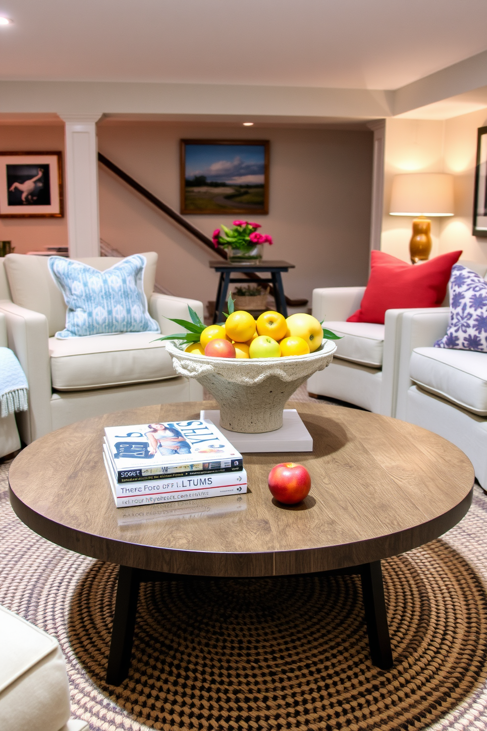 A cozy basement living area with soft lighting and inviting furniture. The stylish coffee table centerpiece features a large, textured bowl filled with vibrant seasonal fruits and a stack of art books. Surrounding the coffee table are plush sofas in neutral tones, accented with colorful throw pillows. A woven area rug adds warmth to the space, while framed artwork adorns the walls, enhancing the summer vibe.