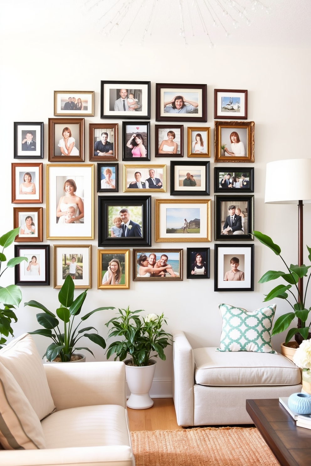 Create a gallery wall featuring a mix of personal photos in various sizes and frames. The arrangement should be eclectic yet harmonious, showcasing cherished memories with a balance of colors and styles. For summer basement decorating ideas, envision a bright and airy space with light-colored furniture and vibrant accents. Incorporate plants and natural light elements to create an inviting atmosphere perfect for relaxation and entertainment.