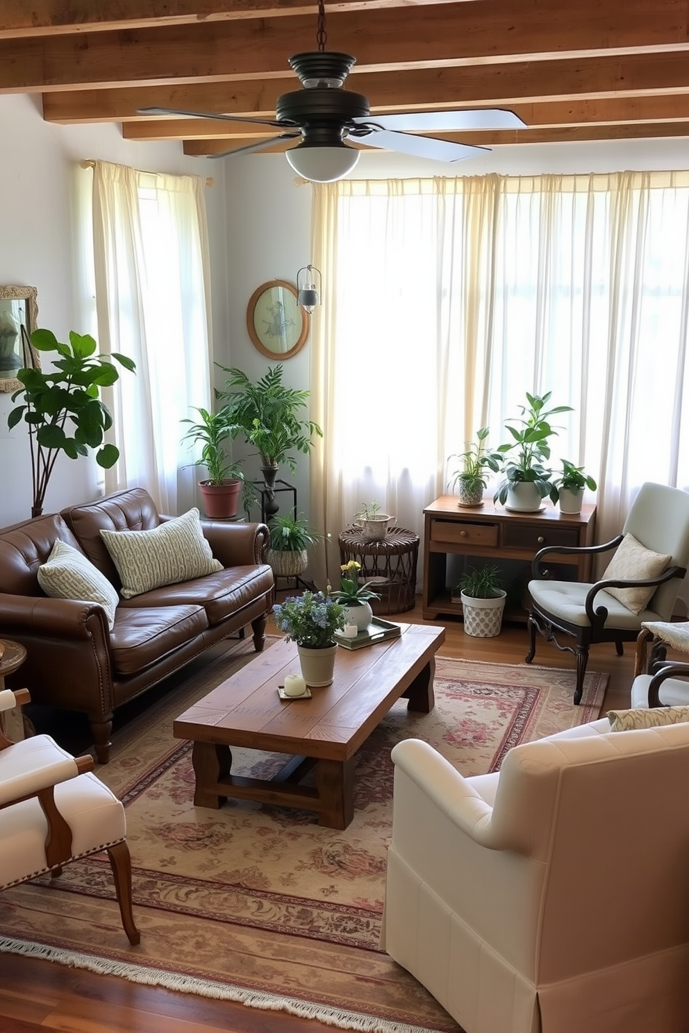 A charming summer basement retreat featuring vintage furniture pieces that add character and warmth. The space includes a distressed leather sofa paired with a reclaimed wood coffee table, surrounded by eclectic armchairs in muted pastel fabrics. Soft natural light filters through sheer curtains, illuminating the room's cozy atmosphere. A vintage rug anchors the seating area, while potted plants bring a touch of greenery to the decor.