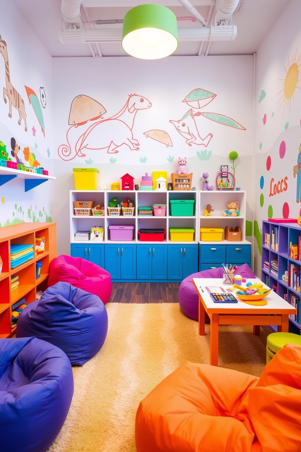 A vibrant kids area filled with colorful furniture and playful decor. The walls are adorned with whimsical murals and shelves filled with toys and books. Brightly colored bean bags and a soft rug create a cozy play space. A small table with art supplies encourages creativity and fun activities.