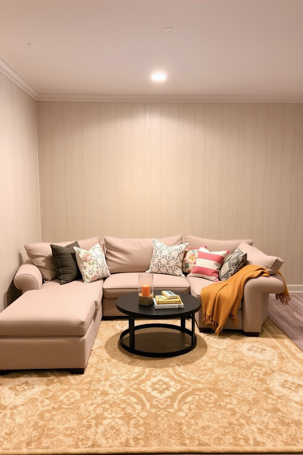 A cozy summer basement retreat featuring textured wall paneling in a soft beige hue. The space is adorned with a plush sectional sofa, accented with colorful throw pillows, and a large area rug that adds warmth underfoot.